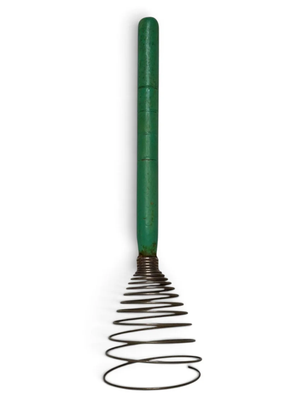 Vintage Mint Green Spring Coil Wire Whisk Grooved Wooden Handle Kitchen Decor